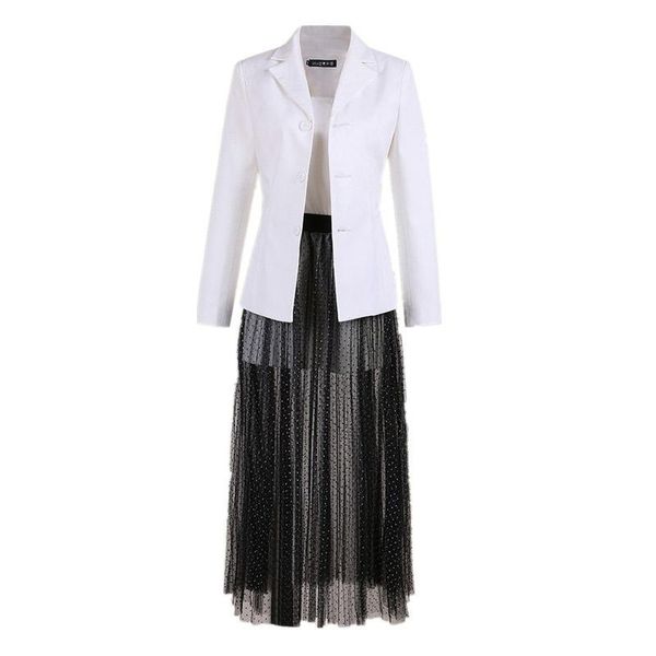 

two piece dress set spring star style skirt shirt 3 sets of women office lady notched single breasted female wrap chest gauze skirts suits, White