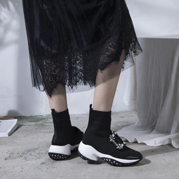 

boots 2021 autumn winter shoes women's rhinestones square buckle thick bottom increase knitted stretch sock, Black