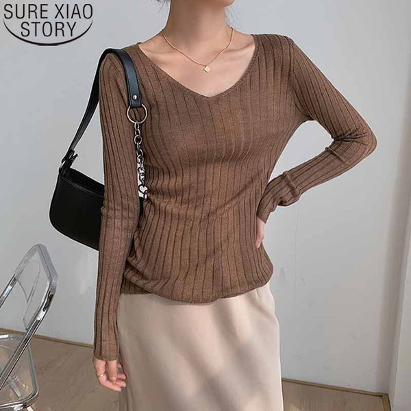 

solid 6 colors bottoming striped pullover women winter clothes korean v-neck knitted casaul sweater 11028 210417, White;black
