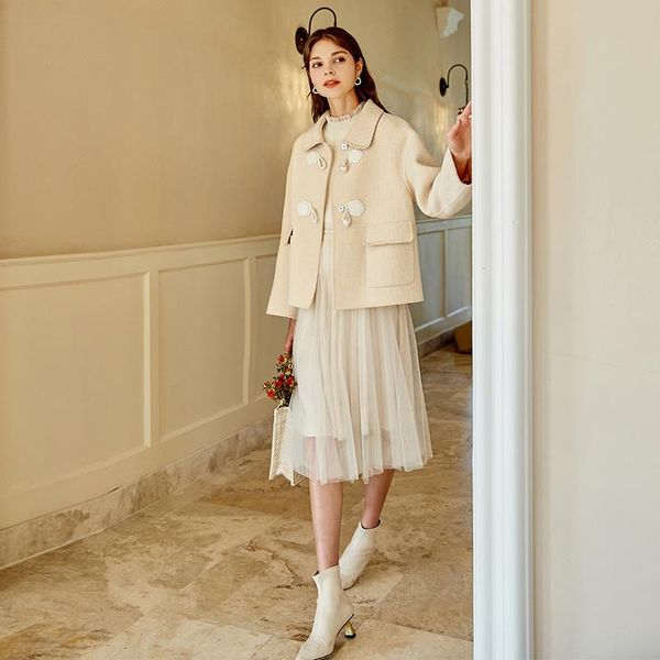 

women's wool & blends double sided tweed coat 2021 autumn and winter woolen cloth small yellow short, Black