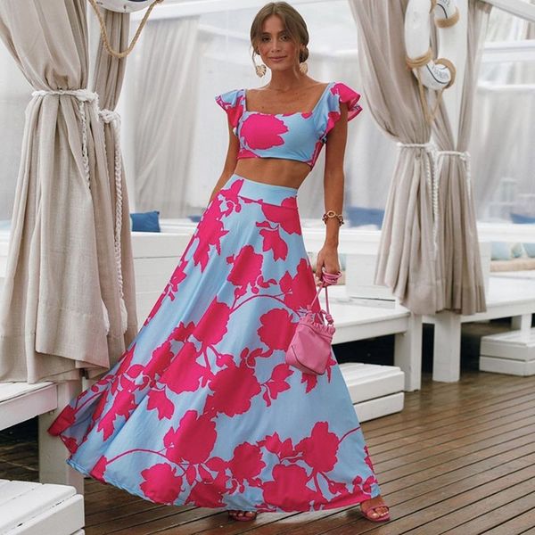 

Summer Dress 2021 For Women Two Piece Set Boho Maxi Woman Plus Size 3XL Dress High Waist Sexy Beach Dress Elegant Long Vestidos, Blue