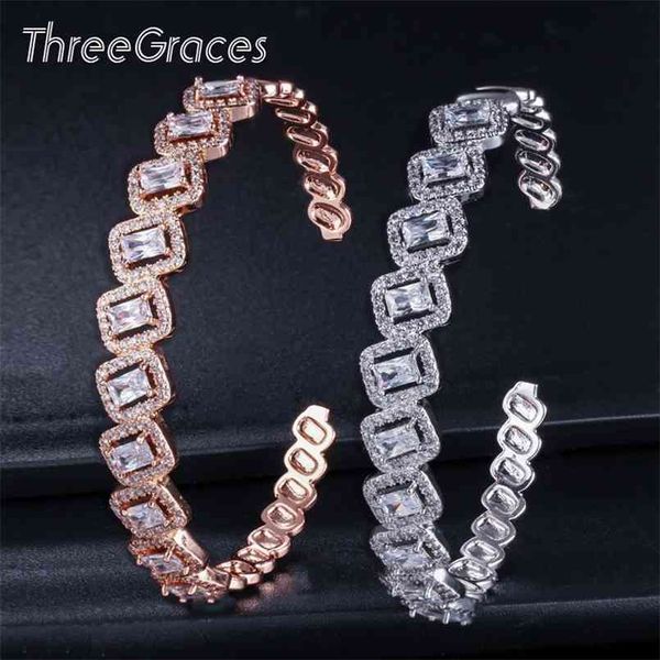 

threegraces fashion inlay square cubic zirconia stone rose gold color open cuff bangle bracelet for women jewelry gift ba021 210918, Black