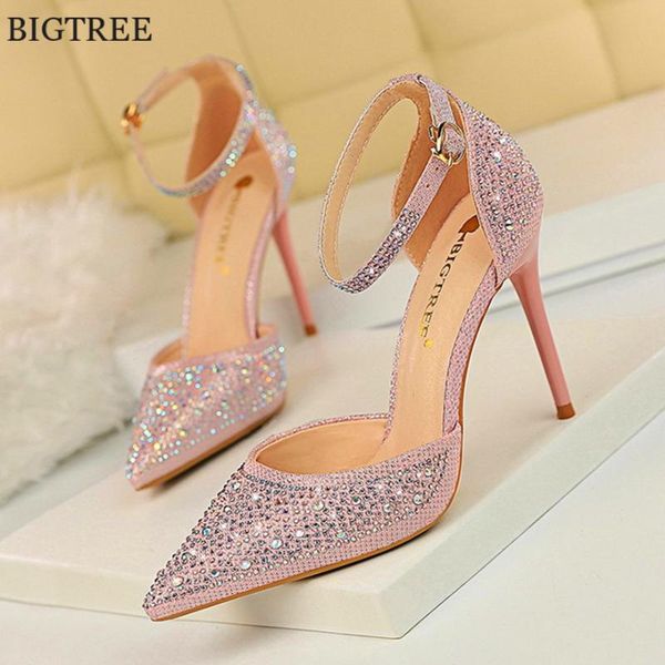 

sandals bigtree women crystal pointed toe party wedding shoes 10cm korean fashion ankle buckle high heels women's shallow, Black