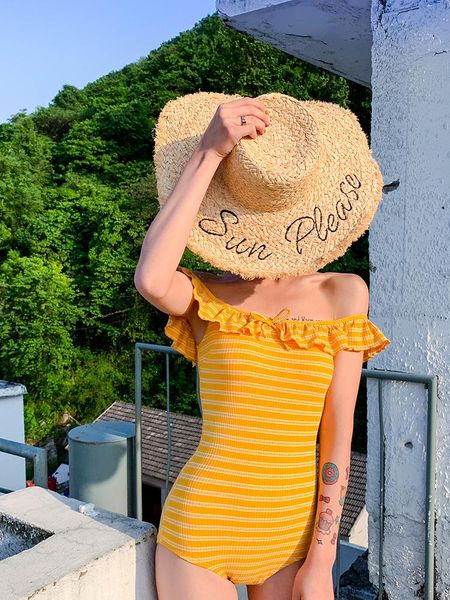 

one-piece suits 2021 korean women one piece swimwear striped front twist neckline trim stringy selvedge off-the-shoulder high-leg suit