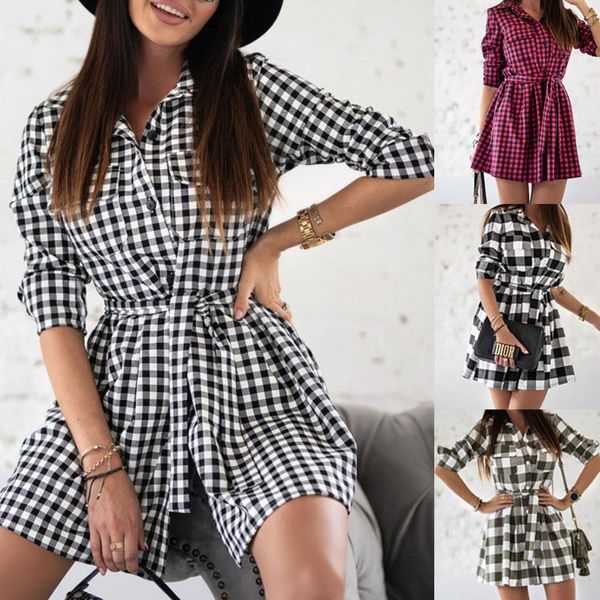 

casual dresses kiss me women's clothing autumn plaid print dress long sleeve high waist a-line fashion belt ladies mini, Black;gray