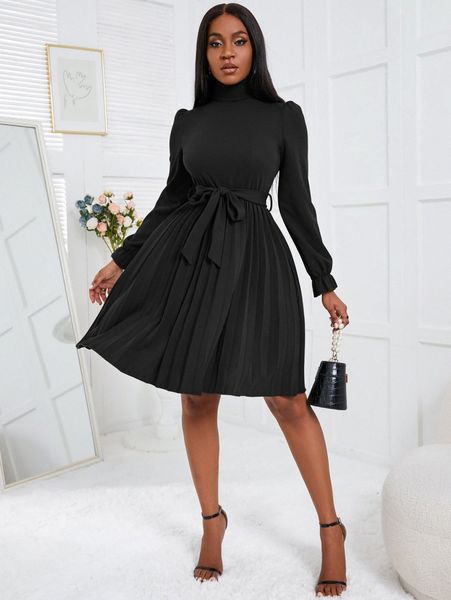 

turtleneck flounce sleeve pleated hem belted dress g6do#, Black;gray