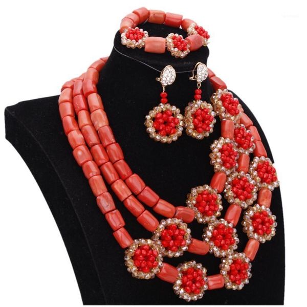 Brincos Colar Dudo 100% Original Original Beads Jóias Conjunto com Red Gold Crystal Handmade Flores Africano Nigerian Jóias