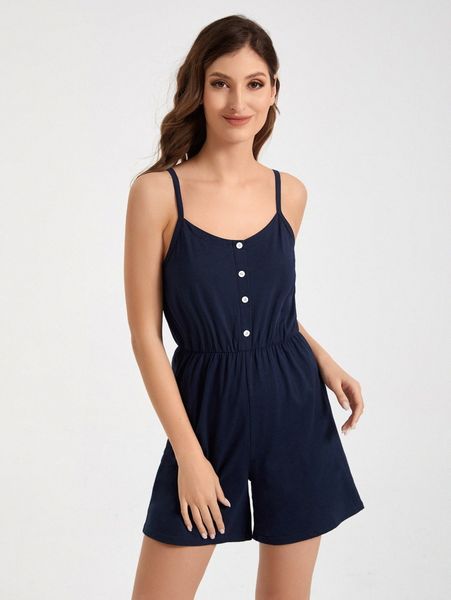 

solid half button cami romper n4ii#, White