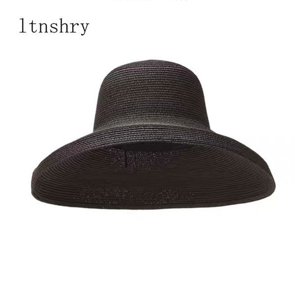 

female summer women's hat hepburn style vintage design wide side straw hat solid color beach holiday big sun 210709, Blue;gray