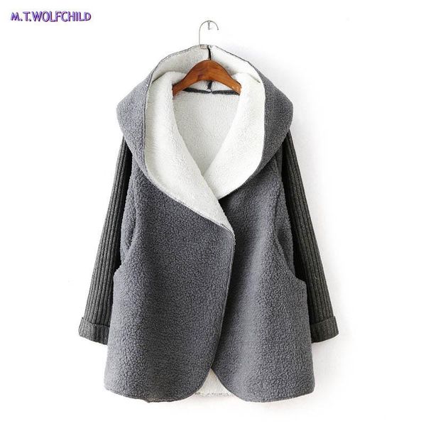 

women's trench coats hooded sweater coat stitching cardigan dark buckle loose plus velvet thick long windbreaker, Tan;black