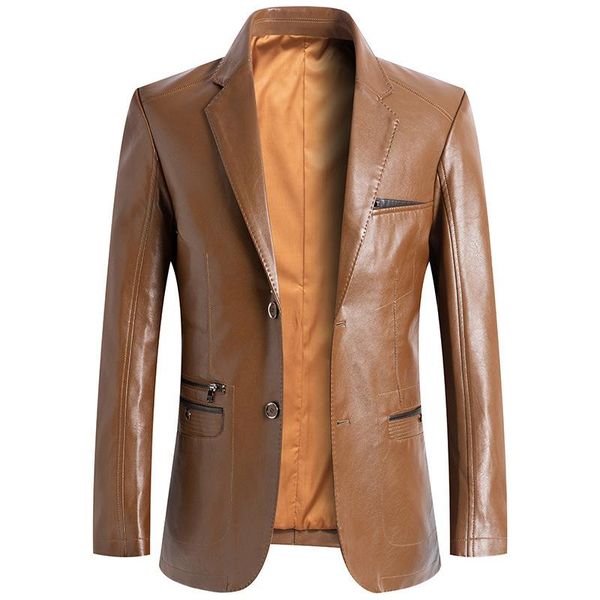 

men's suits & blazers solid color faux leather jacket business casual long sleeve coat single breasted black wine red yellow c39, White;black
