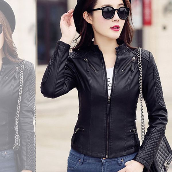 

2021 spring new locomotive short slim pu leather et women's coat, Black;brown