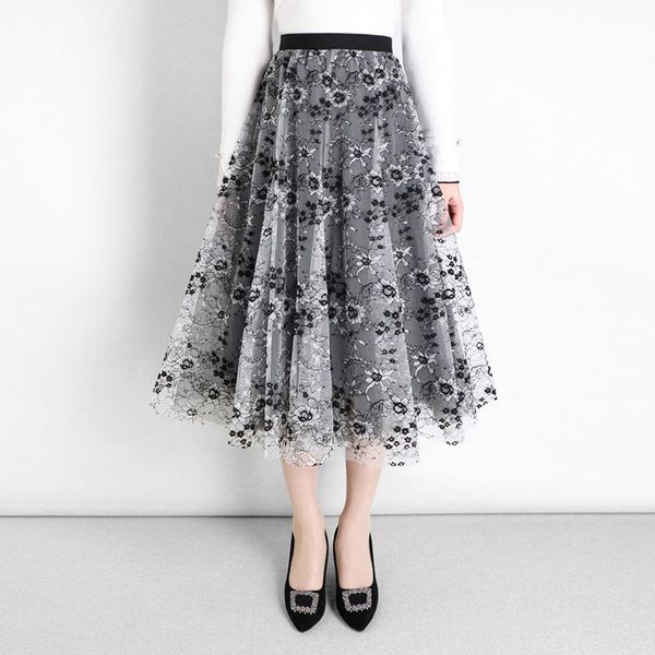 

skirts summer womens 2021 vintage floral embroidery mesh pleated skirt elastic high waist casual midi women clothes, Black
