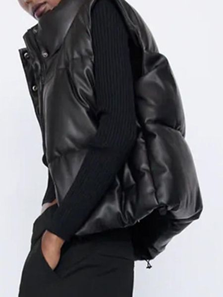 

women's vests vest women black stand collar fashion zipper pu leather coats elegant autumn winter short female ladies, Black;white