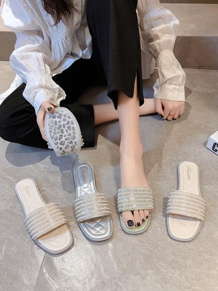 

shoes woman 2021 female slippers luxury slides string bead soft designer flat beach pu rubber fabric basic fashion, Black