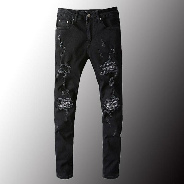 

men's jeans men bandana paisley patchwork ripped streetwear slim skinny stretch denim broek plus size 40, Blue