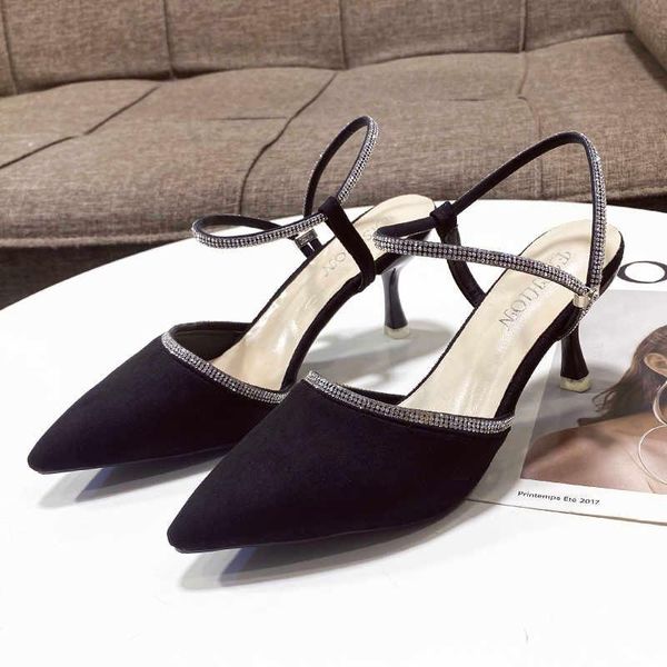 

sandals shoes woman 2021 summer rhinestone women high heels temperament dress female pointed toe, Black