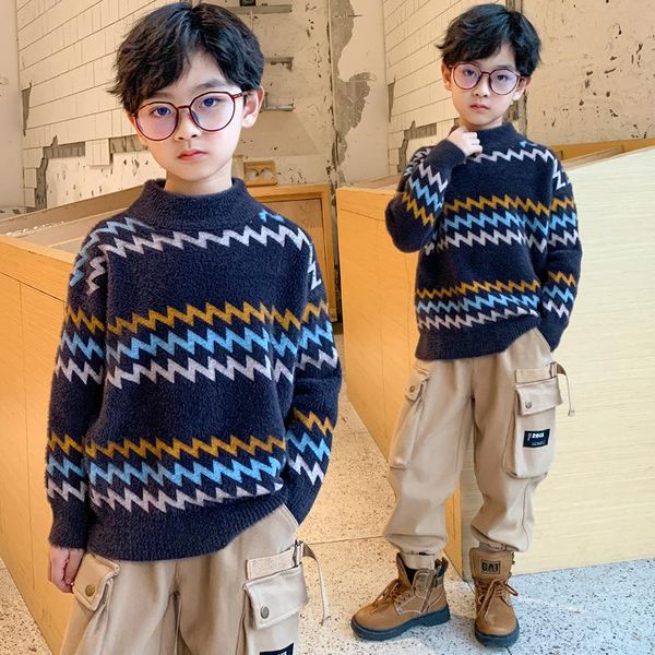 

pullover boys sweater thicken plus velvet Â 2021 classic warm winter autumn knitting fleece cotton babyÂ kids children clothin, Blue