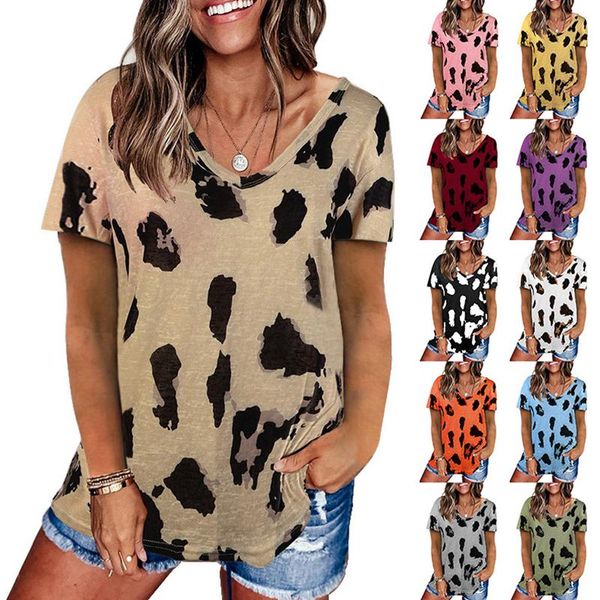 

women's t-shirt leopard v neck tshirts woman short sleeve loose women casual tee shirts female mujer camisetas, White