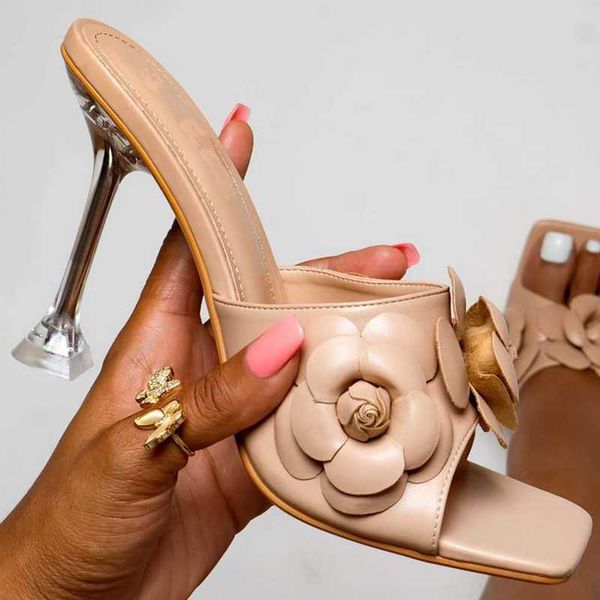 

dress shoes 2021 summer european and american rose flower decoration fashion crystal high heel sandals square toe slippers, Black