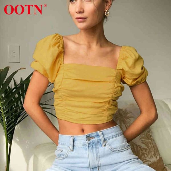 

ootn streetwear puff sleeve blouse summer women square neck short shirt ladies lace up backless ruched crop cotton 210413, White