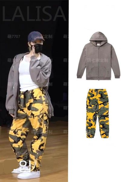 

women's two piece pants kpop korea celebrity lisa gray casual zipper hooded sweatshirt jacket+camo high waist loose straight trousers w, White