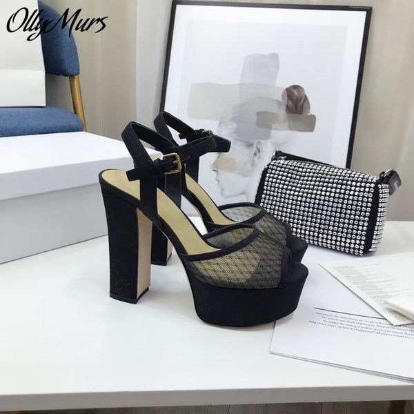 

ollymurs new spring summer breathable mesh luxury platform sandals super high heel chunky heel sandals shoes women va9v, Black
