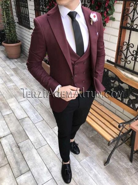

men's suits & blazers men burgundy and black groom tuxedos notch lapel groomsmen wedding man 3 pieces ( jacket+pants+vest+tie ) c898, White;black