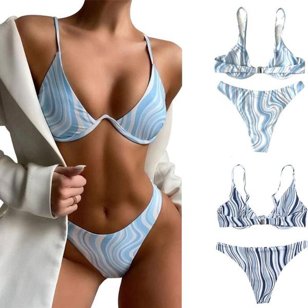 

two-piece suits water ripple printed women tankini sets summer ladies thong bikini swimwear
