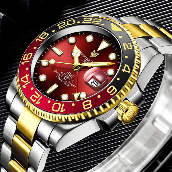 

wristwatches lige mechanical automatic men watch gold relogio masculino gmt ceramic bezel sport mens watches wristwatch, Slivery;brown