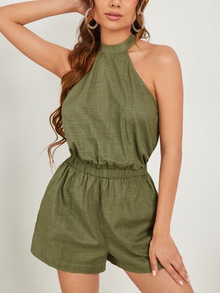 

split back elastic waist halter romper q9ct#, White