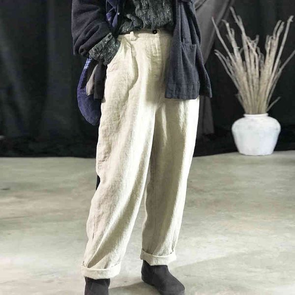 

johnature women casual linen all-match harem pants summer vinatage loose simple ankle-length beige pants 210521, Black;white