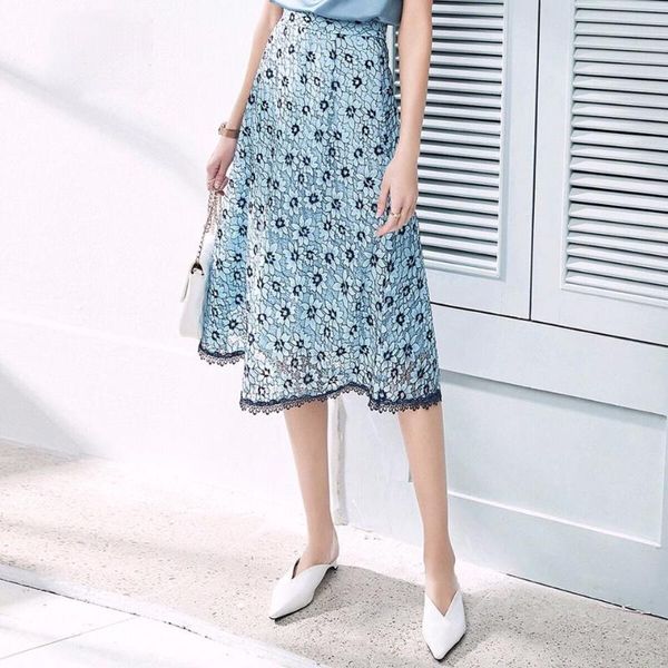 

skirts elegant lace floral skirt for women 2021 autumn high waist hollowed out designer long a-line hip feme, Black