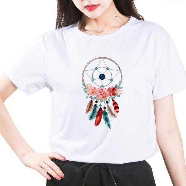 

summer flower earrings print women t-shirt dreamcatcher casual short sleeve o-neck tees camisetas mujer women's, White
