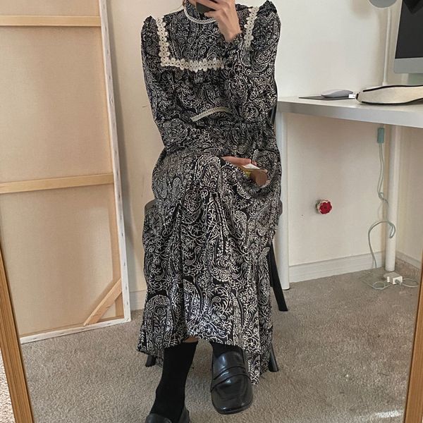 

dresses sweet printed ruffles high waist gentle retro long es office lady women vintage feminine vestidos, Black;gray