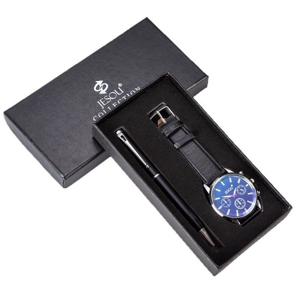 

men's gift set beautifully packaged watch + pen selling creative combination mens fashion watches wristwatches, Slivery;brown