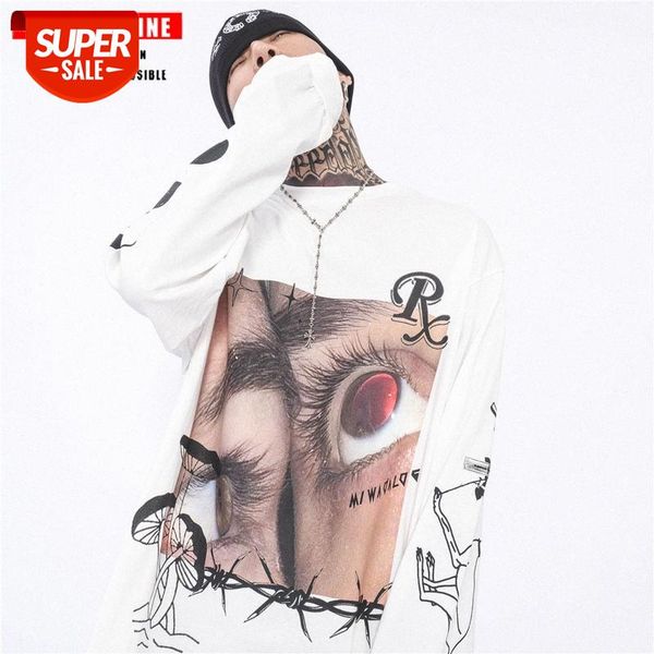 

streetwear men europe and the united states high street graffiti dark black like abi funeral long-sleeved t-shirt male loose oversize #0s7e, White;black
