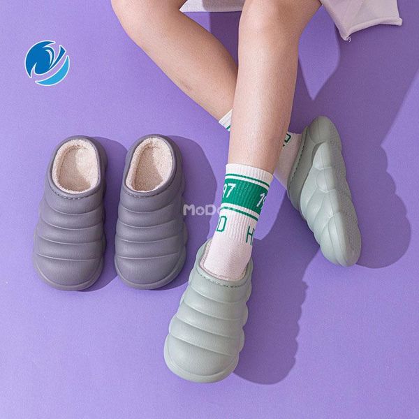 

slippers mo dou waterproof cotton outdoor women winter indoor couples home non slip concise plush warm shoes thick sole cool, Black
