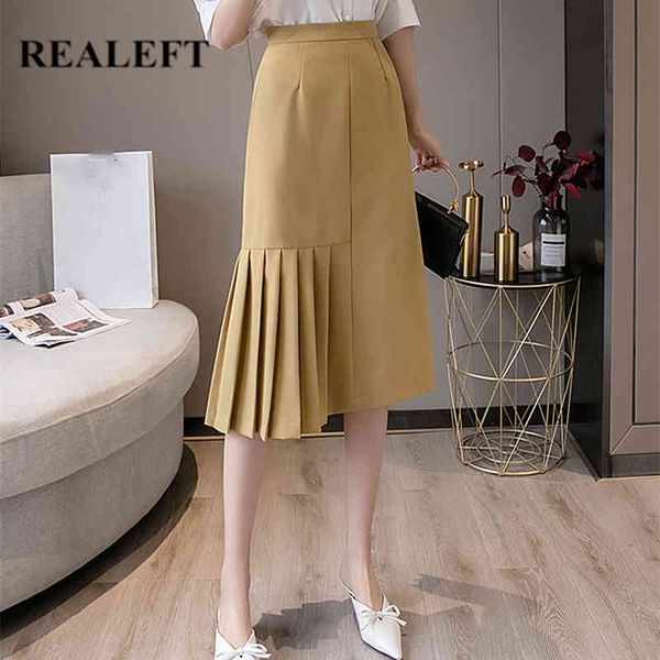 

office lady skirts spring women midi pleated elegant korean style high waist wrap a-line female 210428, Black