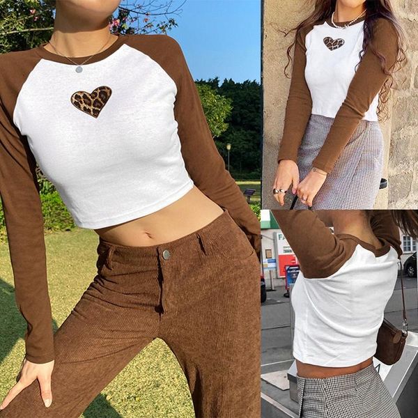 

women's t-shirt fashion leopard print love raglan sleeve slim short navel brown, White