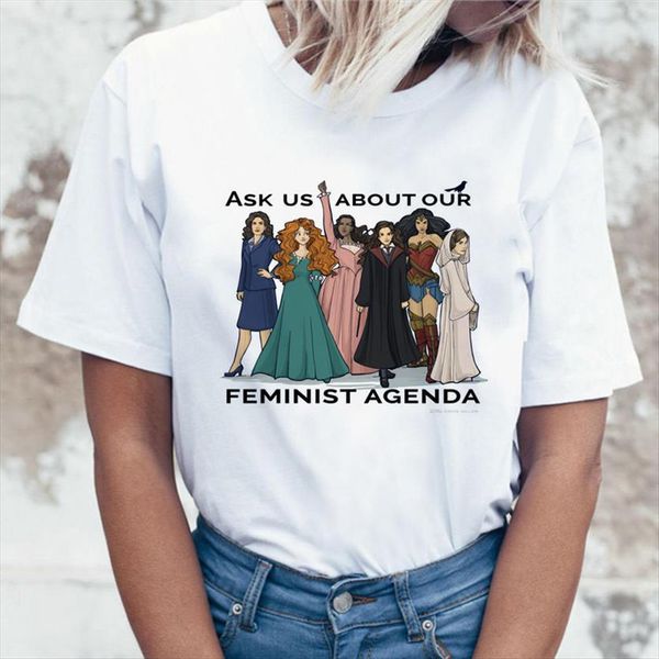 

ask us about our womens t shirt feminist agenda letter print graphic tees women clothes harajuku vogue funny shirts, White