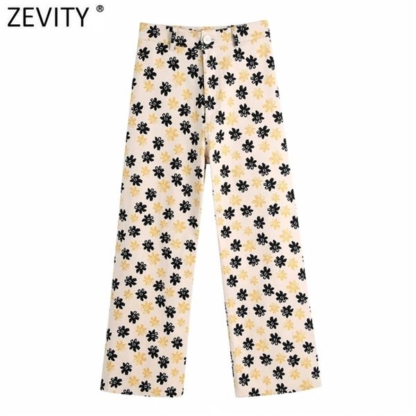 

zevity women vintage floral print casual high waist wide leg pants retro female chic color match ankle length trousers p1108 211006, Black;white