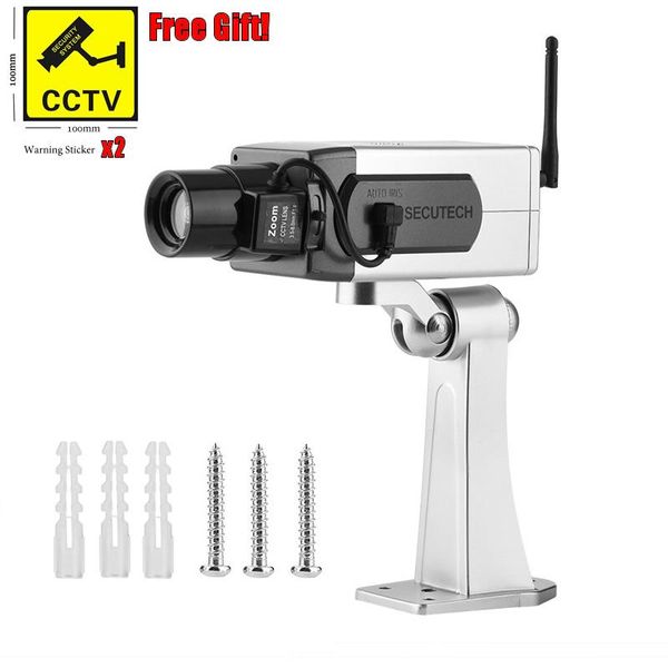 

cameras fake dummy camera wireless antenna motion detection motorized pan control led light cctv security silver color
