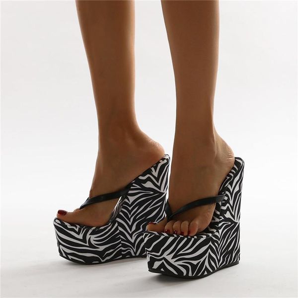 

slippers pxelena plus size 35-41 women beach flip flops zebra stripe wedge super high heel 15cm summer 2021 platform slides, Black