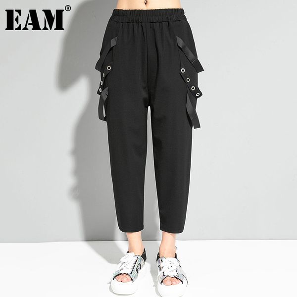 

[eam] black ribbon high elastic waist trousers loose fit harem calf-length pants women fashion spring summer 1dd8101 21512, Black;white