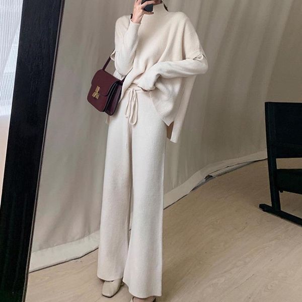 

women's two piece pants fashion sweater set autumn winter knitted wide leg with long shirt and vest three outside, White