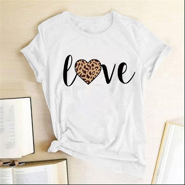 

leopard women t shirt heart print love short sleeve clothes ladies womens graphic female harajuku o neck tee, White