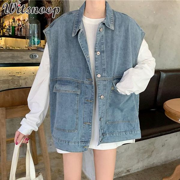 

witsnoep oversized denim vest women waistcoat 2021 spring autuam korean student big pocket jeans sleeveless jacket coat woman women's v, Black;white