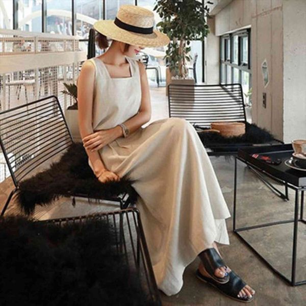 

korean cotton linen sleeveless backless womens dress button loose summer casual solid color pockets dresses, Black;gray