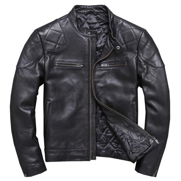 

men's leather & faux zvaqs genuine jacket men real sheepskin motorcycle biker casual male winter outerwear plus size, Black